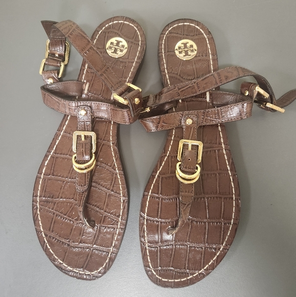 Tory Burch Thong Sandals Brown Croc Embossed Sz 8M. Excellent Condition - Picture 1 of 8